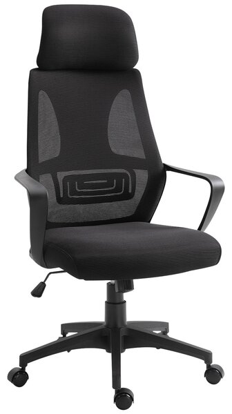 Vinsetto kancelářská židle s nastavitelným opěradlem, područkami, hlavovou opěrkou, kolečky a houpací funkcí, nosnost 120 kg, 64x55x116-126 cm, černá