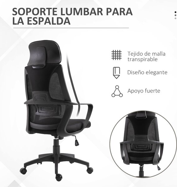 Vinsetto kancelářská židle s nastavitelným opěradlem, područkami, hlavovou opěrkou, kolečky a houpací funkcí, nosnost 120 kg, 64x55x116-126 cm, černá