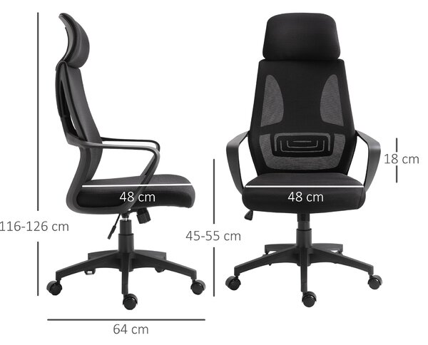 Vinsetto kancelářská židle s nastavitelným opěradlem, područkami, hlavovou opěrkou, kolečky a houpací funkcí, nosnost 120 kg, 64x55x116-126 cm, černá