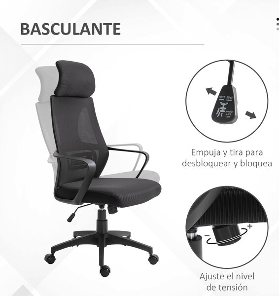 Vinsetto kancelářská židle s nastavitelným opěradlem, područkami, hlavovou opěrkou, kolečky a houpací funkcí, nosnost 120 kg, 64x55x116-126 cm, černá