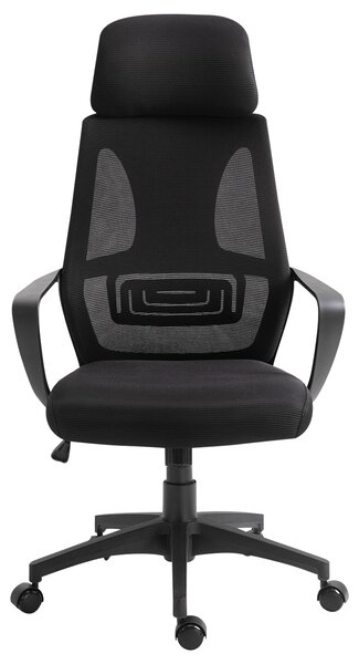 Vinsetto kancelářská židle s nastavitelným opěradlem, područkami, hlavovou opěrkou, kolečky a houpací funkcí, nosnost 120 kg, 64x55x116-126 cm, černá