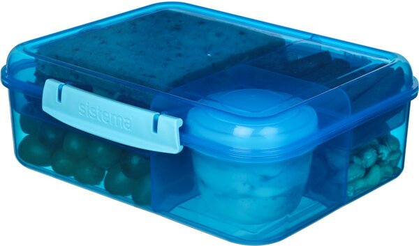 Sistema Dělený svačinový box Lunch Bento s nádobou na jogurt a 2 tácky 1,65 l, modrá
