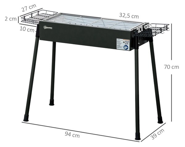 Přenosný uhlíkový gril Outsunny s 2 nerezovými grily a 2 policemi na koření pro kempování, piknik a zahradu 94x39x70 cm Černý | Aosom