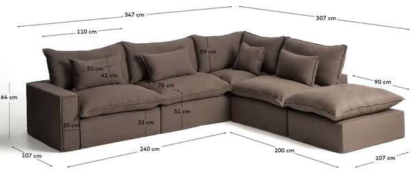 Kave Home Hnědá rohová pohovka Anarela 347 cm s odnímatelným potahem, pravá