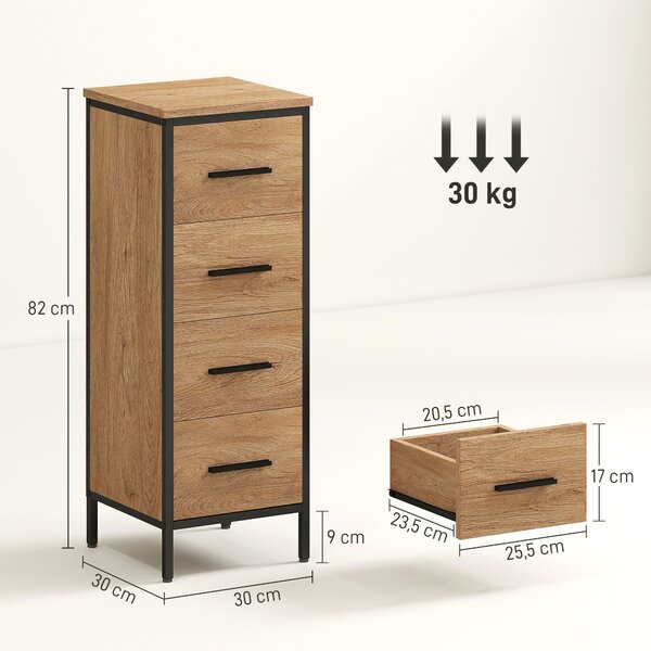 HOMCOM Úzká koupelnová skříňka s 4 zásuvkami a ocelovým rámem 30x30x82 cm Dub | Aosom