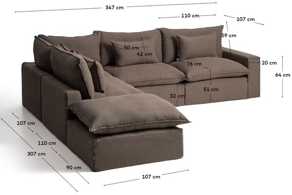 Kave Home Hnědá rohová pohovka Anarela 347 cm s odnímatelným potahem, levá