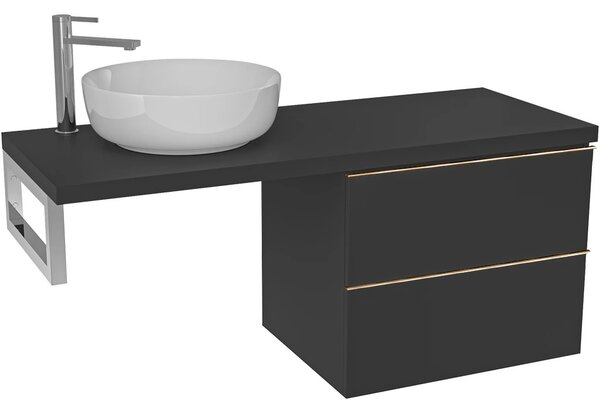 Deska pod umyvadlo Navira Pro - 121x46,5x3,6 cm - skříňka Velora 59 cm - černá matná, zlatá úchytka - konzole chrom