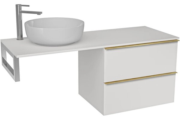 Deska pod umyvadlo Navira Slim - 121x46,5x1,8 cm - skříňka Velora 59 cm - bílá matná, zlatá úchytka - konzole chrom