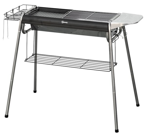 Outsunny Přenosný gril na dřevěné uhlí s nerezovou grilovací miskou a úložným regálem pro zahradu a kempování 96x61x72 cm Černý | Aosom