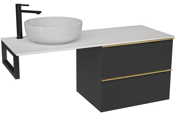 Deska pod umyvadlo z litého mramoru Elanys - 120x46,5x1,2 cm - skříňka Velora 59 cm - černá matná, zlatá úchytka - konzole černá