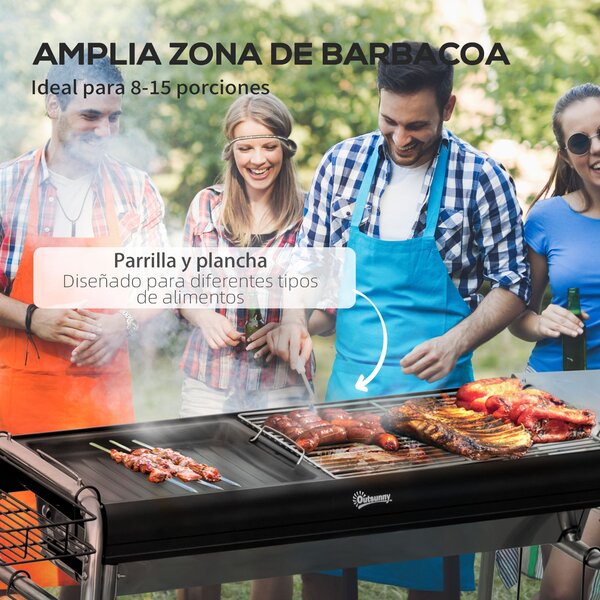 Outsunny Přenosný gril na dřevěné uhlí s nerezovou grilovací miskou a úložným regálem pro zahradu a kempování 96x61x72 cm Černý | Aosom
