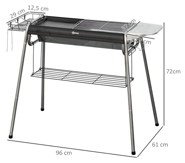 Outsunny Přenosný gril na dřevěné uhlí s nerezovou grilovací miskou a úložným regálem pro zahradu a kempování 96x61x72 cm Černý | Aosom