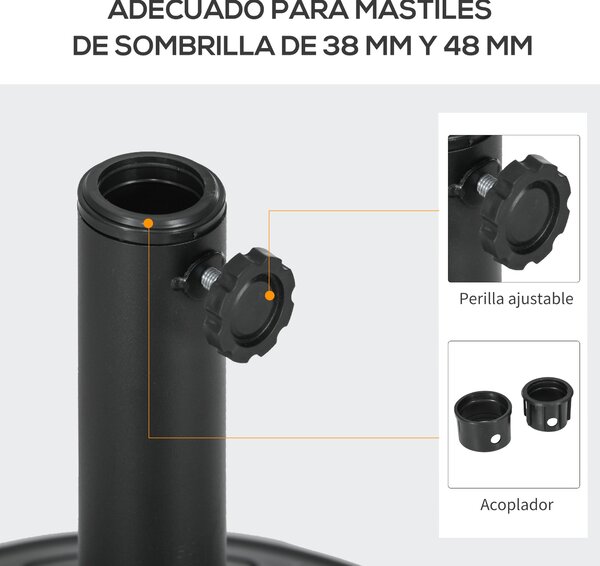 Stojan na slunečník Outsunny s kulatým základem a plnitelnou cementovou hmotností HDPE 13 kg pro slunečníky s průměrem 38/48 mm, průměr 43x32 cm, čern