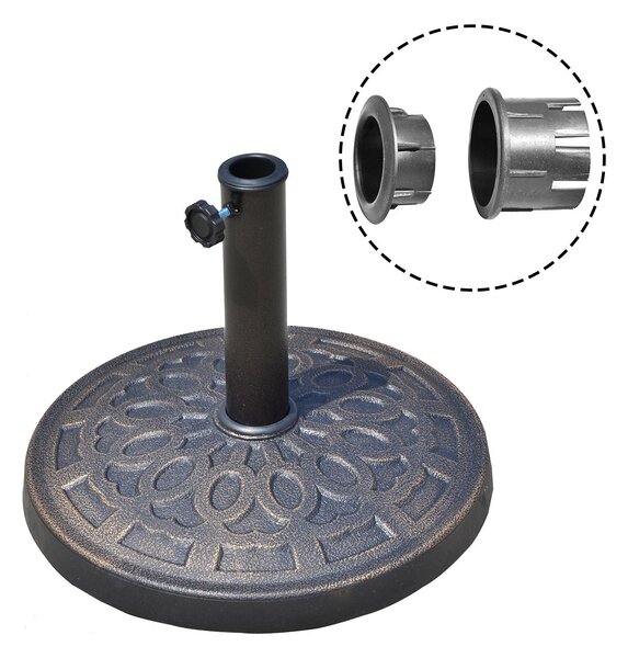 Základna slunečníku Outsunny, hmotnost 12 kg, kulatá, z pryskyřice pro slunečníky s průměrem 38 mm/48 mm, pro terasu a venkovní posezení Ø44x34 cm Bro
