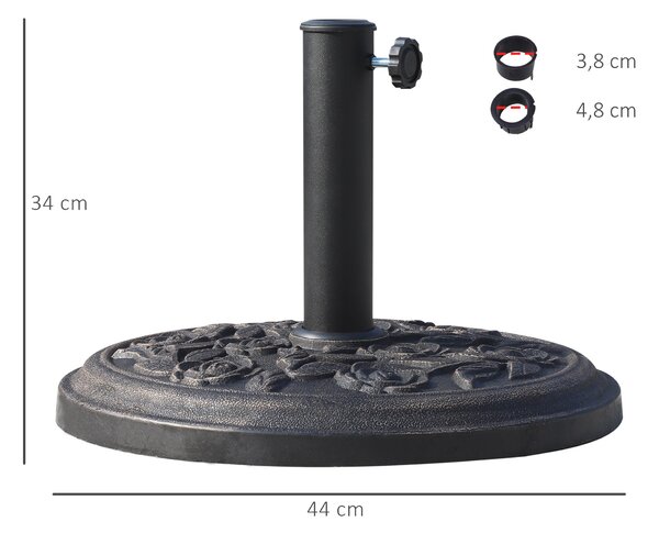 Základna slunečníku Outsunny, hmotnost 12 kg, kulatá, z pryskyřice pro slunečníky s průměrem 38 mm/48 mm, pro terasu a venkovní posezení Ø44x34 cm Bro