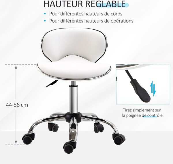 HOMCOM Rolling Stool Pracovní Stolička s Nastavitelnou Výškou 44-56 cm a Opěradlem, 360° Otočná Kancelářská Stolička pro Masážní Salón, Kancelář, Klin