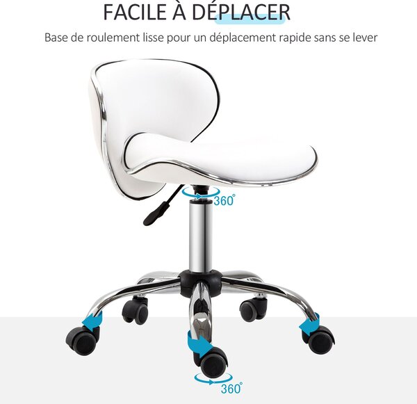 HOMCOM Rolling Stool Pracovní Stolička s Nastavitelnou Výškou 44-56 cm a Opěradlem, 360° Otočná Kancelářská Stolička pro Masážní Salón, Kancelář, Klin