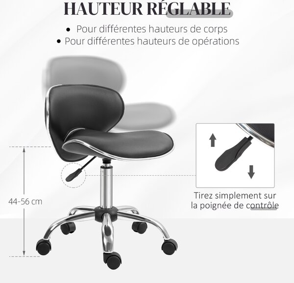 HOMCOM Rolling Stool Pracovní Stolička s Nastavitelnou Výškou 44-56 cm a Opěrkou, 360° Otáčecí Stolička do Kanceláře pro Masážní Salón, Kancelář, Klin