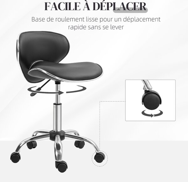 HOMCOM Rolling Stool Pracovní Stolička s Nastavitelnou Výškou 44-56 cm a Opěrkou, 360° Otáčecí Stolička do Kanceláře pro Masážní Salón, Kancelář, Klin