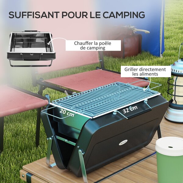 Kompaktní gril Outsunny Mini Charcoal BBQ s designem kufříku pro zahradu, kempování a piknik, skládací, rozměry 47L x 30W x 28H cm | Aosom