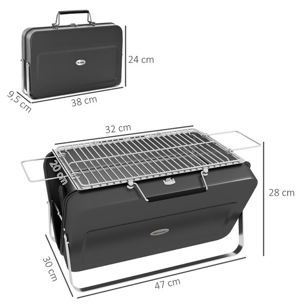 Kompaktní gril Outsunny Mini Charcoal BBQ s designem kufříku pro zahradu, kempování a piknik, skládací, rozměry 47L x 30W x 28H cm | Aosom