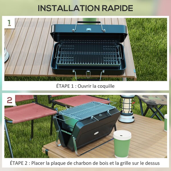 Kompaktní gril Outsunny Mini Charcoal BBQ s designem kufříku pro zahradu, kempování a piknik, skládací, rozměry 47L x 30W x 28H cm | Aosom