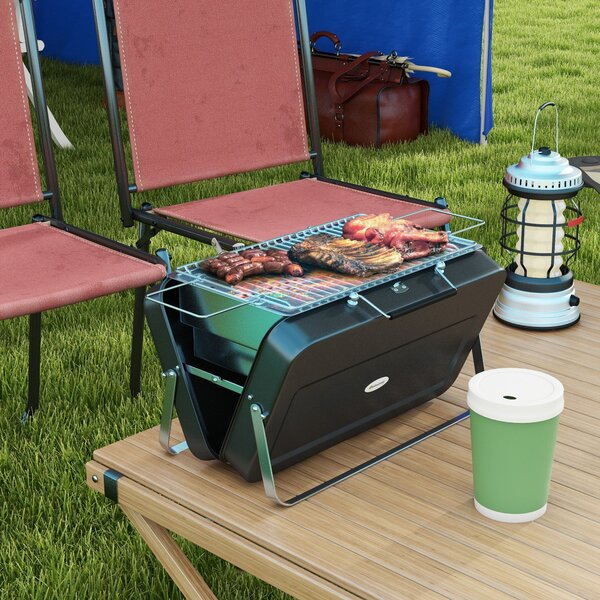 Kompaktní gril Outsunny Mini Charcoal BBQ s designem kufříku pro zahradu, kempování a piknik, skládací, rozměry 47L x 30W x 28H cm | Aosom