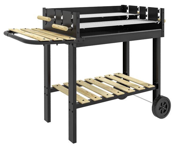 Gril na dřevěné uhlí Outsunny s nastavitelným dvojitým grilem, 2 kola a 2 policemi, rozměr 113L x 53,5W x 82,5H cm Černý | Aosom
