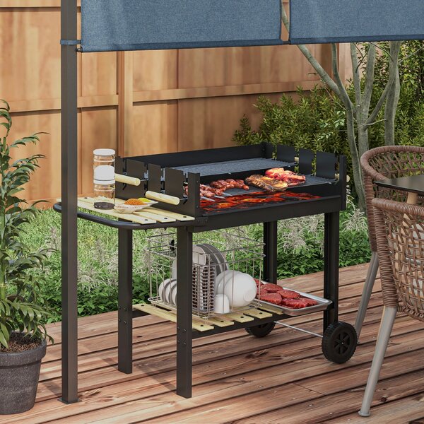 Gril na dřevěné uhlí Outsunny s nastavitelným dvojitým grilem, 2 kola a 2 policemi, rozměr 113L x 53,5W x 82,5H cm Černý | Aosom