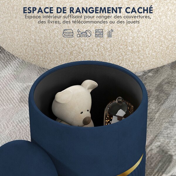 HOMCOM Pouf, taburet, úložný box, ve velurové tkanině, moderní design, 36 x 36 x 44 cm, do obývacího pokoje, ložnice, modrý | Aosom