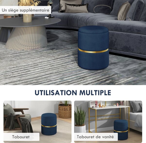 HOMCOM Pouf, taburet, úložný box, ve velurové tkanině, moderní design, 36 x 36 x 44 cm, do obývacího pokoje, ložnice, modrý | Aosom