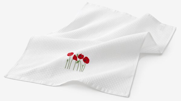 Goldea kuchyňská vaflová utěrka s výšivkou - vlčí máky na bílém 50 x 70 cm