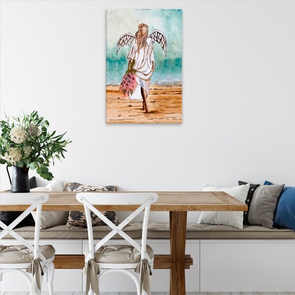 Obraz na plátně - Anděl v písku s kytkou - 40x60 cm