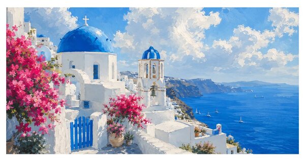 Obraz kvetoucí Santorini pod letní oblohou