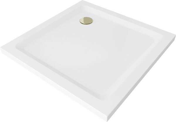 MEXEN - Sprchová vanička, čtvercová Slim 70x70 cm - bílá, sifon - zlatá - 40107070G