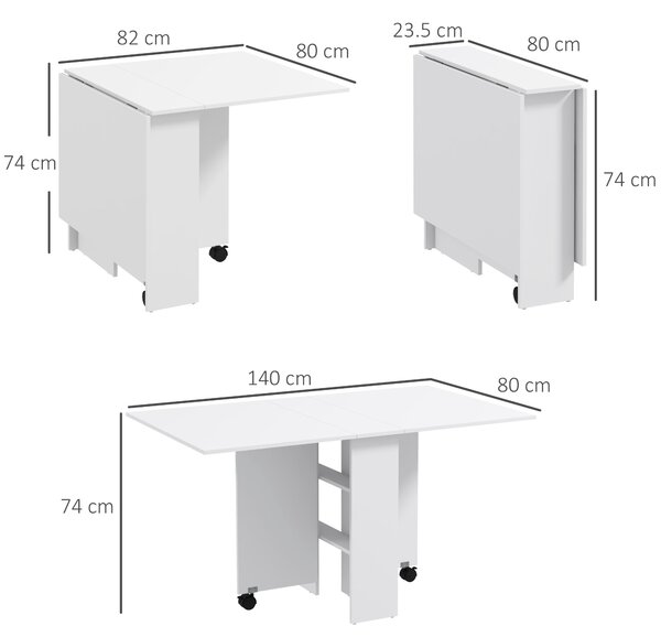 HOMCOM Skládací stůl s koly, Moderní design, Úsporný skládací jídelní stůl, 140 × 80 × 74 cm, Bílý | Aosom