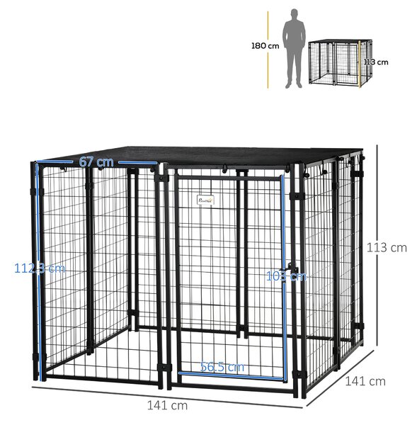 Skládací ohrádka pro psy PawHut z oceli s krytem, pet klec s uzamykatelnými dveřmi, běhací prostor pro zvířata, 141x141x113cm, černá | Aosom
