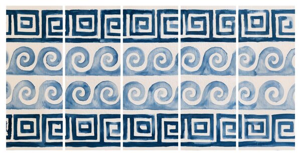 5-dílný obraz modré spirály a ornamenty