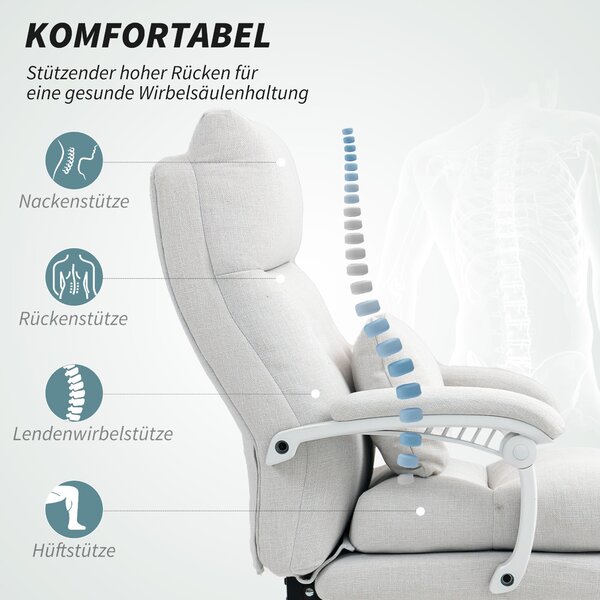 HOMCOM Ergonomická kancelářská židle s bederní oporou, vysokým opěrákem, podnožkou, výškově nastavitelná otočná židle s vzhledem lnu, polstrovaná počí