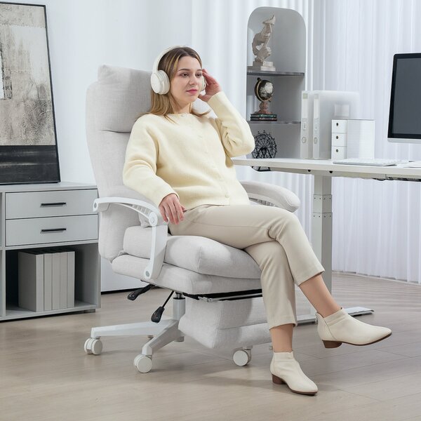 HOMCOM Ergonomická kancelářská židle s bederní oporou, vysokým opěrákem, podnožkou, výškově nastavitelná otočná židle s vzhledem lnu, polstrovaná počí