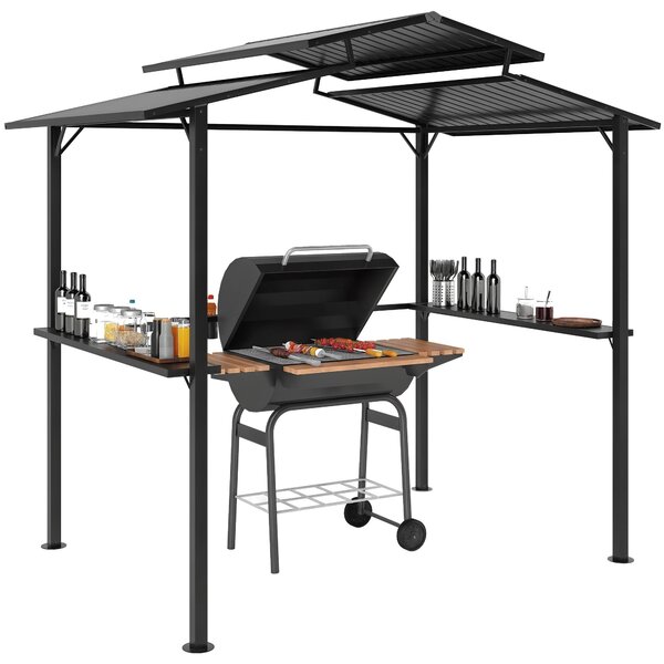 Grilovací Pavilion Outsunny 250 x 160 x 250 cm - Voděodolný Zahradní Pavilon s Dvojitým Středním Štítem, Bočními Policemi a UV Ochrannou, BBQ Pavilion