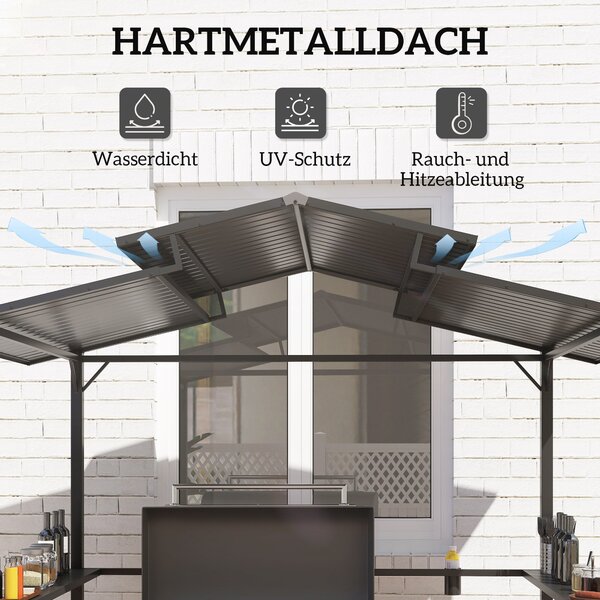 Grilovací Pavilion Outsunny 250 x 160 x 250 cm - Voděodolný Zahradní Pavilon s Dvojitým Středním Štítem, Bočními Policemi a UV Ochrannou, BBQ Pavilion