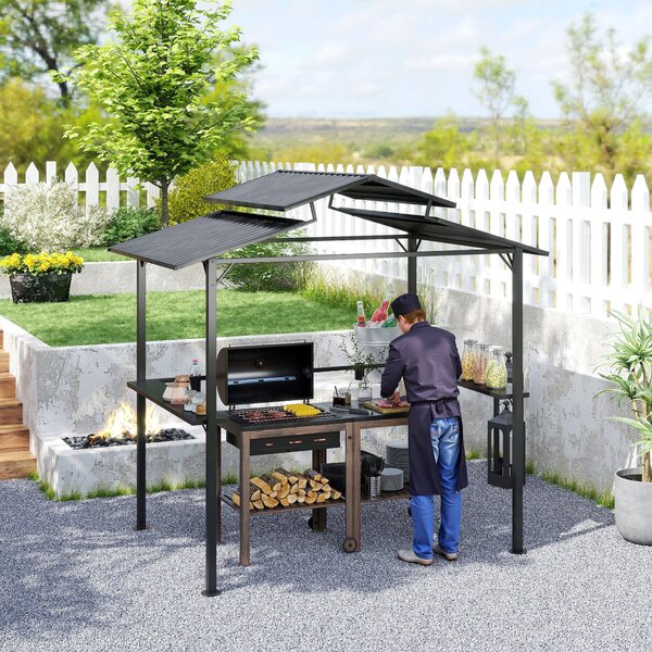 Grilovací Pavilion Outsunny 250 x 160 x 250 cm - Voděodolný Zahradní Pavilon s Dvojitým Středním Štítem, Bočními Policemi a UV Ochrannou, BBQ Pavilion