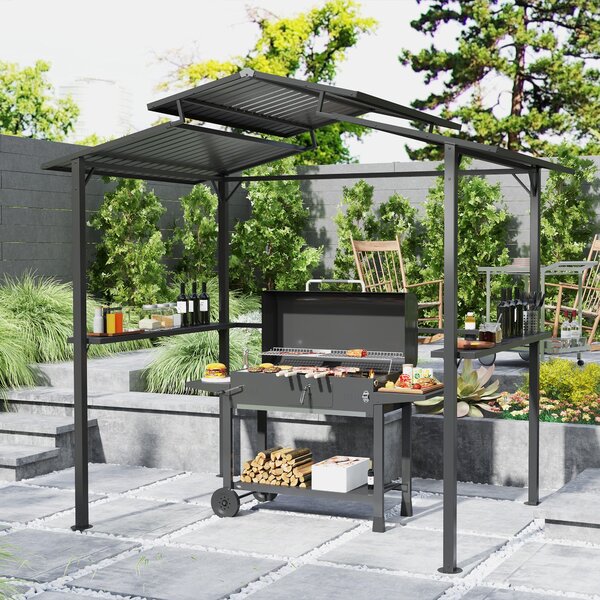 Grilovací Pavilion Outsunny 250 x 160 x 250 cm - Voděodolný Zahradní Pavilon s Dvojitým Středním Štítem, Bočními Policemi a UV Ochrannou, BBQ Pavilion