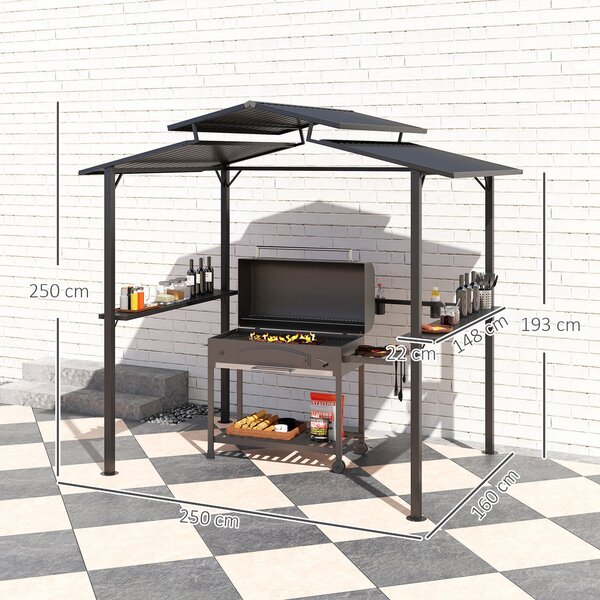 Grilovací Pavilion Outsunny 250 x 160 x 250 cm - Voděodolný Zahradní Pavilon s Dvojitým Středním Štítem, Bočními Policemi a UV Ochrannou, BBQ Pavilion