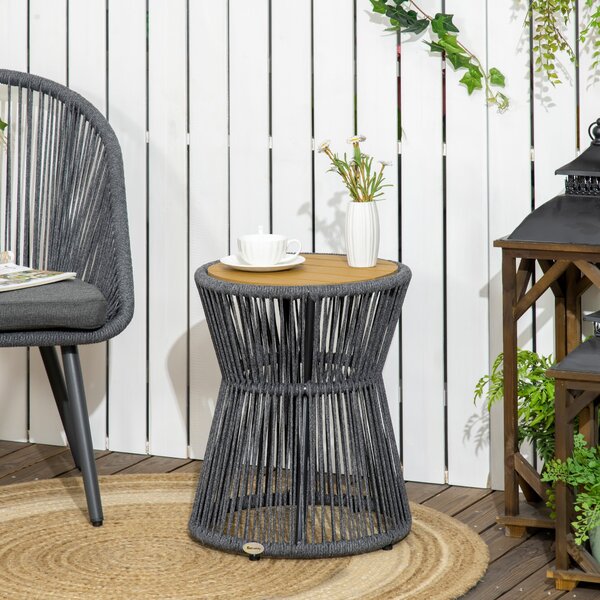 Outsunny Ratanový Skleněný Stolek, Bistro Stolek, Kávový Stolek s Plastovým Vrchem, Zahradní Stolek s Nastavitelnými Nohami, pro Terasu, Hliník Tmavě