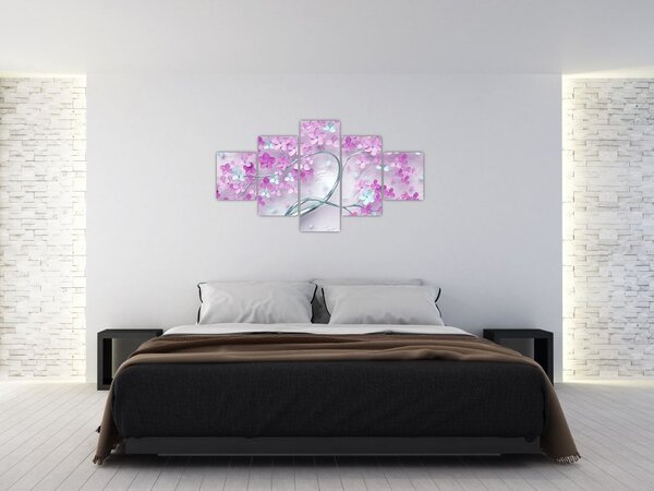 Obraz květů na stříbrném kmeni - abstrakt (125x70 cm)