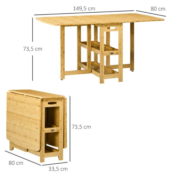 HOMCOM Skleněný rozkládací jídelní stůl pro 6 osob se policemi, stůl do malé kuchyně a jídelny 149,5 x 80 x 73,5 cm | Aosom