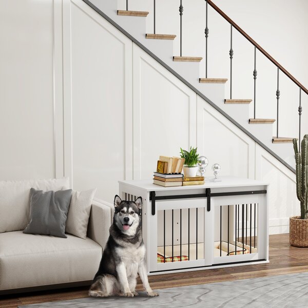 PawHut Psí Kotec s Uzamykatelnými Posuvnými Dveřmi Moderní Kovový Kotec pro Domácnost pro Velké Psy do 30 kg Boční Stolek 98 x 58 x 61 cm Bílá | Aosom