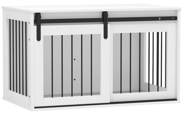 PawHut Psí Kotec s Uzamykatelnými Posuvnými Dveřmi Moderní Kovový Kotec pro Domácnost pro Velké Psy do 30 kg Boční Stolek 98 x 58 x 61 cm Bílá | Aosom